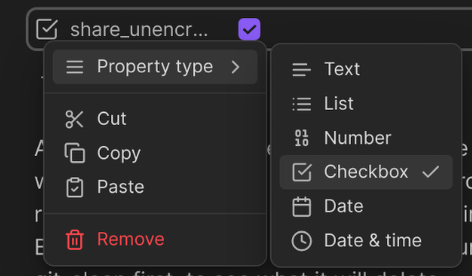 A frontmatter property with the Checkbox type selected